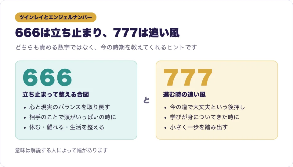 666の立ち止まって整える合図と777の進む時の追い風を左右に並べた図