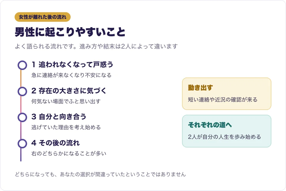 ツインレイ女性が離れた後に男性に起こりやすい流れを時間の順に並べた図