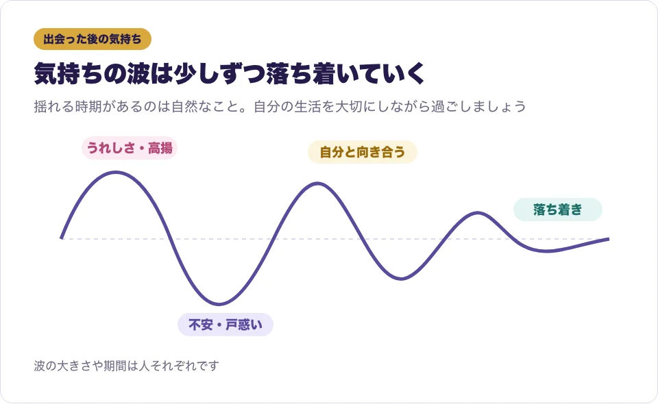 ツインレイと出会った後の気持ちの波が、時間とともに落ち着いていく様子を表した図