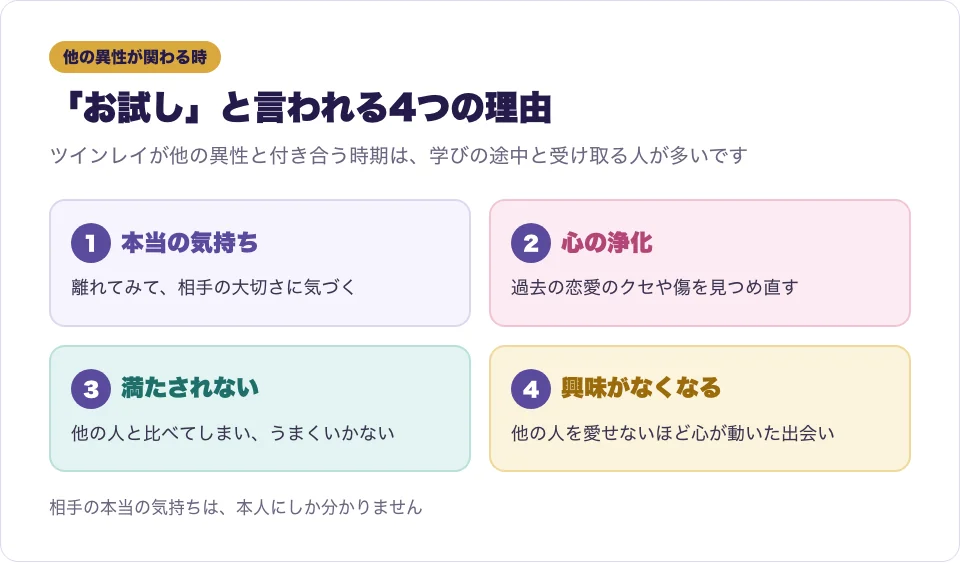 ツインレイが他の異性と付き合うのがお試しと言われる理由を並べた図