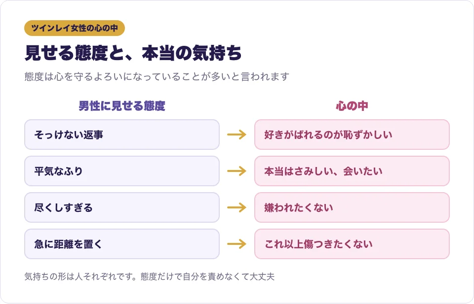ツインレイ女性が男性に見せる態度と本当の心を左右で比べた図
