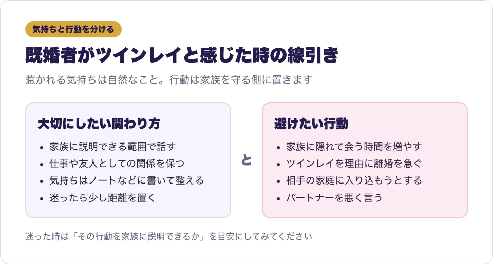既婚者がツインレイと感じた時に大切にしたい関わり方と避けたい行動を比べた図解