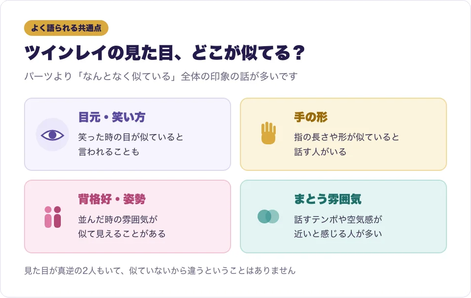 ツインレイの見た目でよく語られる共通点を目元・手・背格好・雰囲気のカードで示した図解