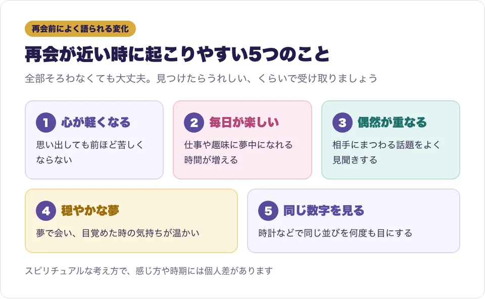ツインレイの再会が近い時に起こりやすい変化を5つのカードで並べた図