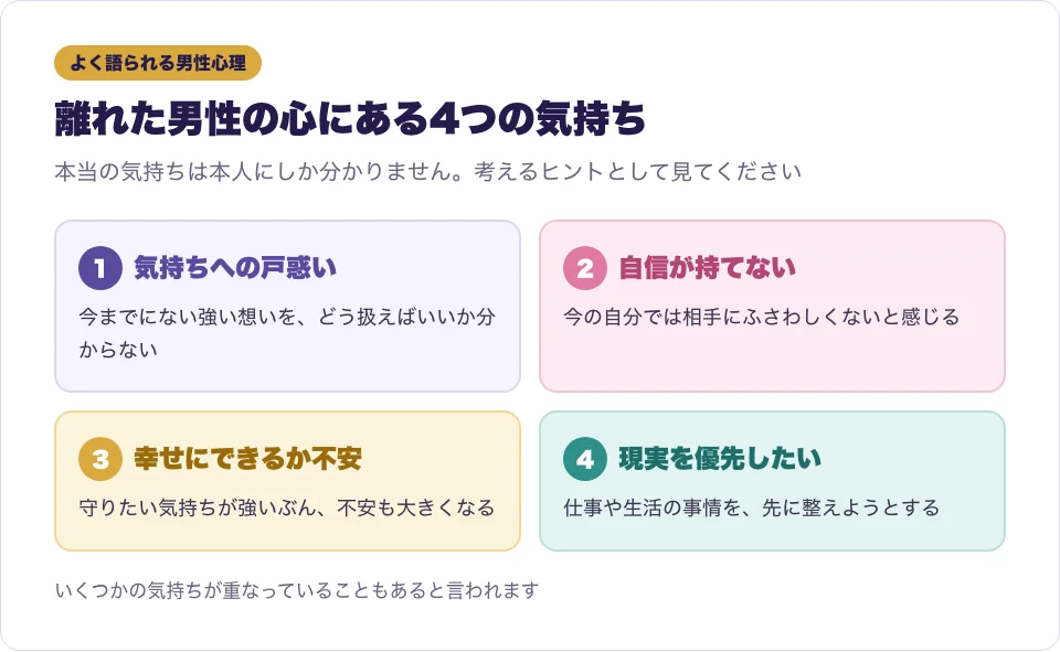 サイレント期間のツインレイ男性の心理としてよく語られる4つの気持ちをカードで表した図