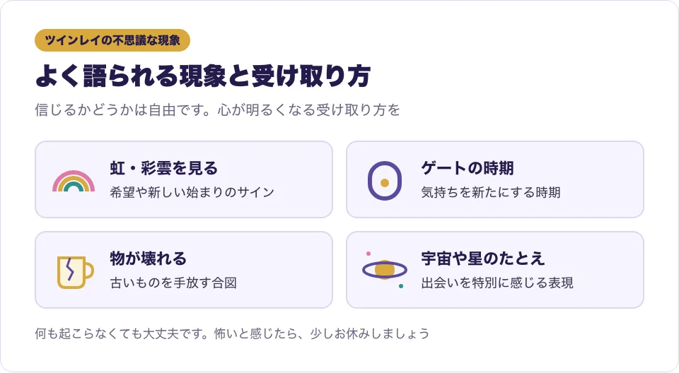 ツインレイの不思議な現象としてよく語られることと、その受け取り方を並べた図